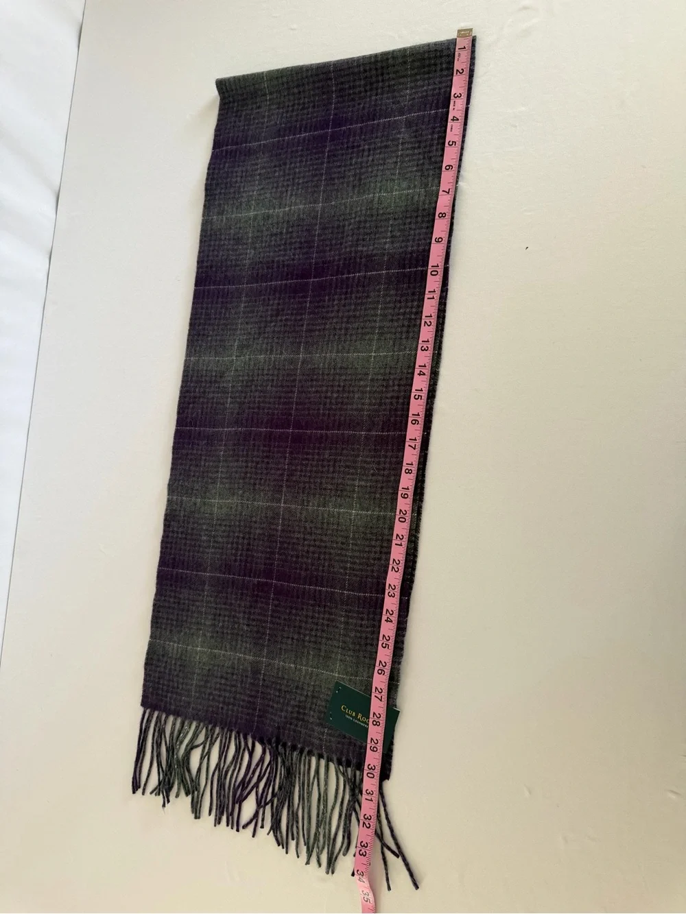 CLUB ROOM MULTI-COLOR GREY/PURPLE PLAID FRINGE TRIM 100% CASHMERE SCARF